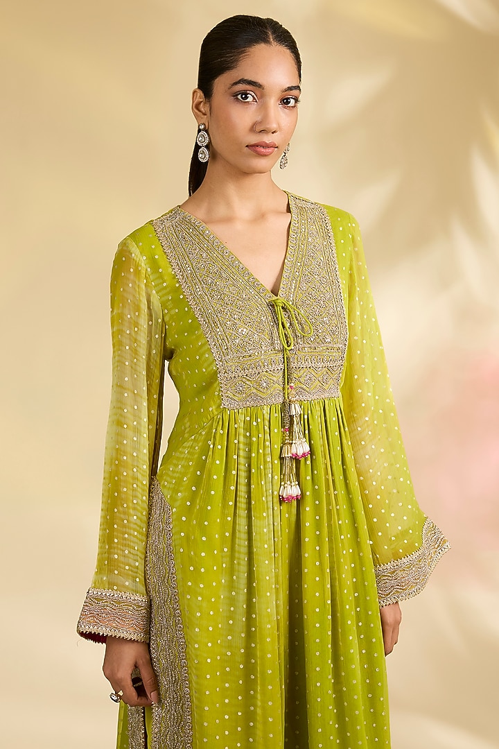 Lime Green Chiffon Foil Printed Kurta Set by Kisneel by Pam at Pernia's Pop Up Shop