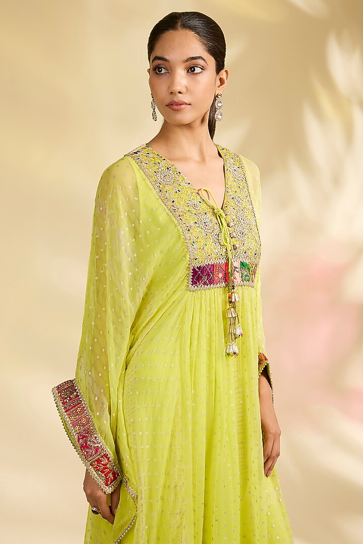 Lemon Yellow Chiffon Dori Embroidered Kaftan Set by Kisneel by Pam at Pernia's Pop Up Shop