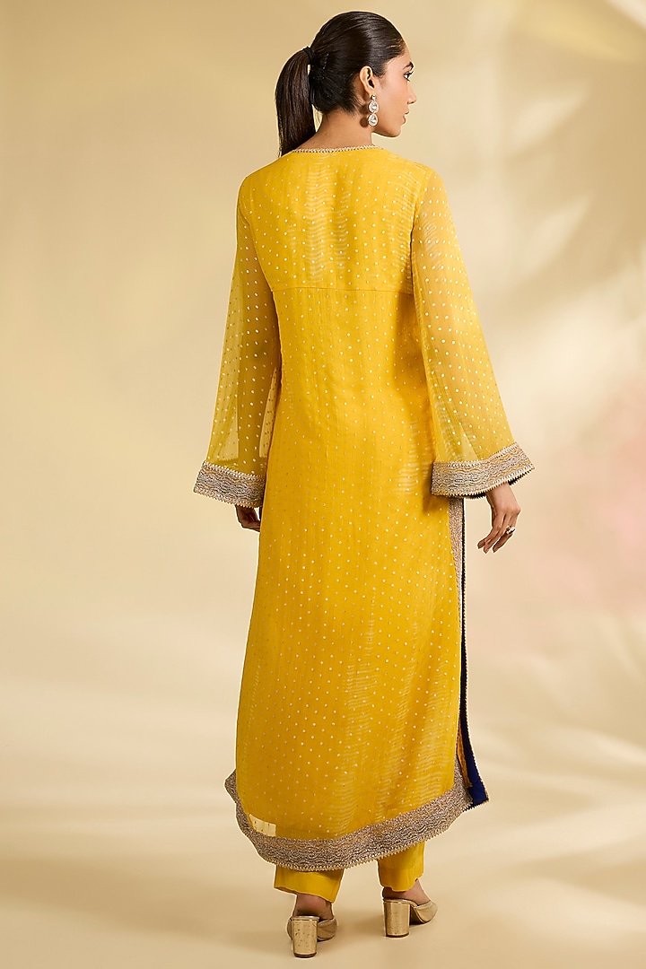 Yellow Chiffon Foil Printed Kurta Set by Kisneel by Pam at Pernia's Pop Up Shop