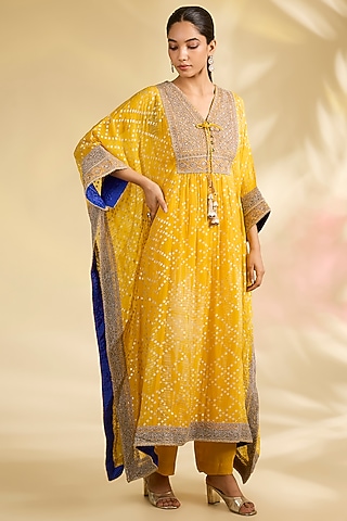 Yellow Organza Foil Printed Kaftan Set by Kisneel by Pam