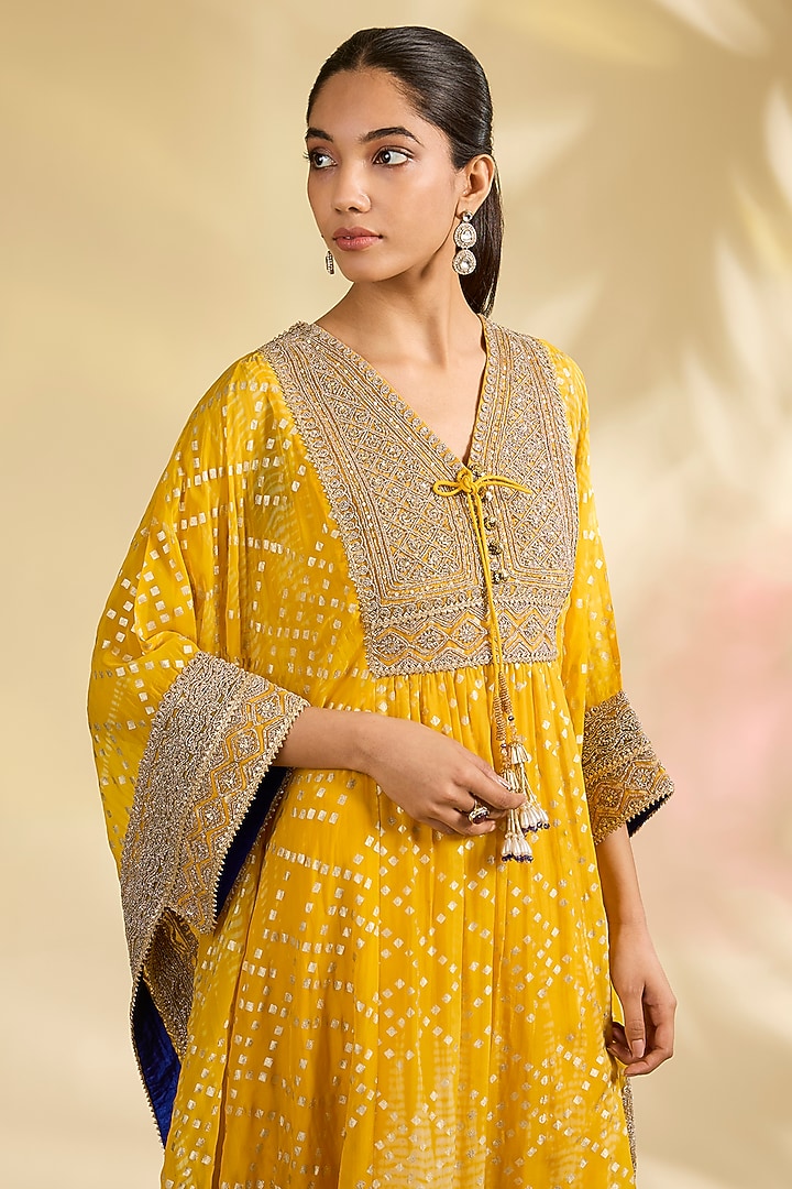 Yellow Organza Foil Printed Kaftan Set by Kisneel by Pam at Pernia's Pop Up Shop