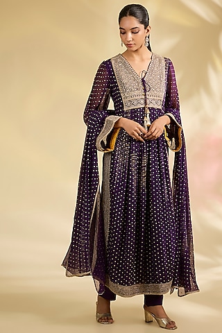 Purple Chiffon Foil Printed Kurta Set by Kisneel by Pam