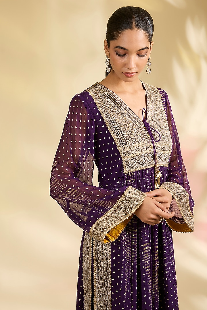 Purple Chiffon Foil Printed Kurta Set by Kisneel by Pam at Pernia's Pop Up Shop