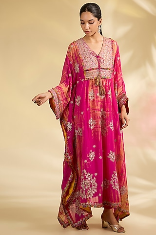 Fuchsia Pink Organza Tie-Dye Printed Kaftan Set by Kisneel by Pam