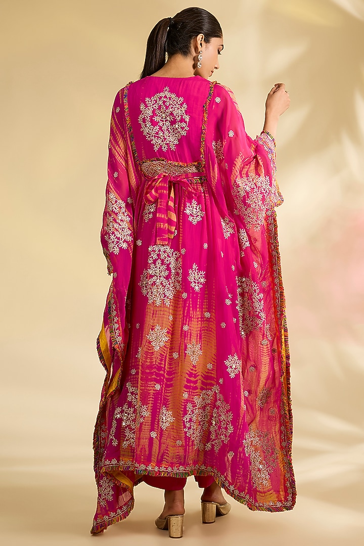 Fuchsia Pink Organza Tie-Dye Printed Kaftan Set by Kisneel by Pam at Pernia's Pop Up Shop