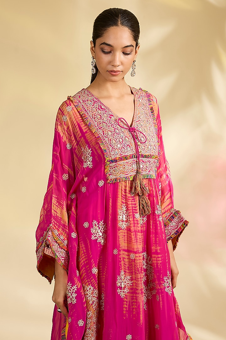 Fuchsia Pink Organza Tie-Dye Printed Kaftan Set by Kisneel by Pam at Pernia's Pop Up Shop