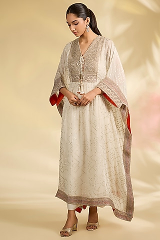 Ivory Organza Foil Printed Kaftan Set by Kisneel by Pam