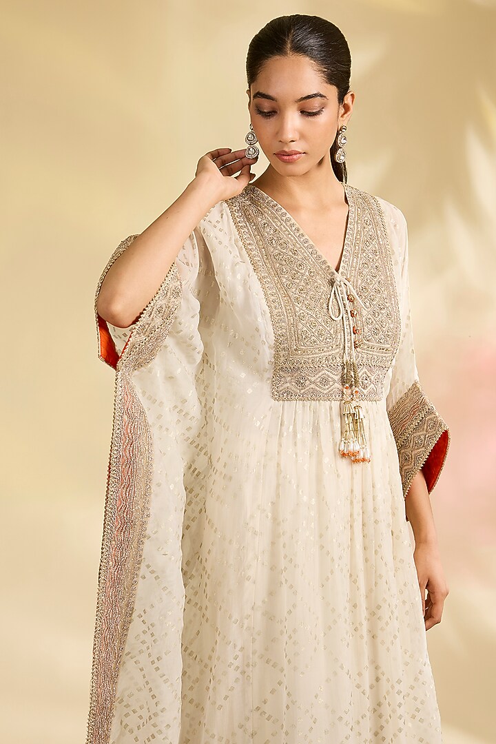 Ivory Organza Foil Printed Kaftan Set by Kisneel by Pam at Pernia's Pop Up Shop