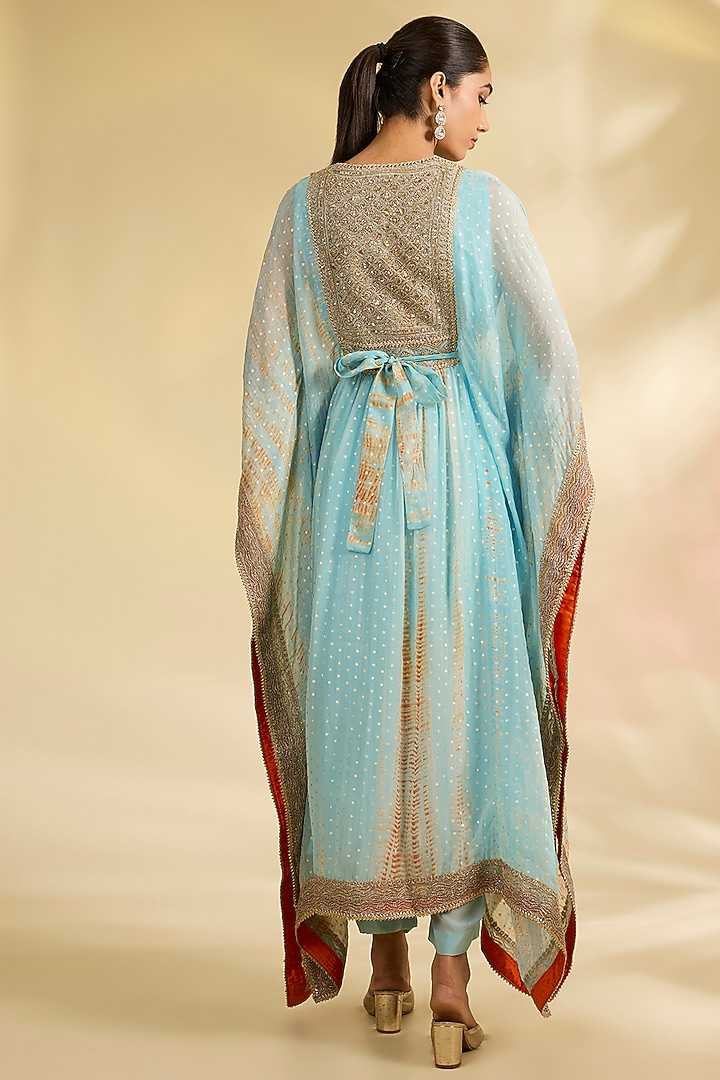 Blue Organza Foil Printed Kaftan Set by Kisneel by Pam at Pernia's Pop Up Shop