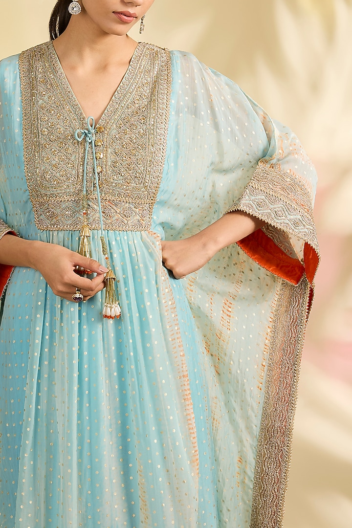Blue Organza Foil Printed Kaftan Set by Kisneel by Pam at Pernia's Pop Up Shop