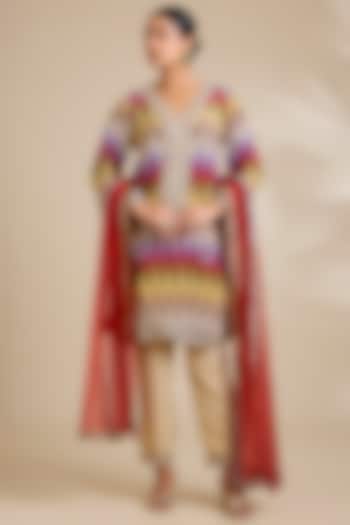 Multi-Colored Organza Ikat Printed & Dori Embroidered Short Kurta Set by Kisneel by Pam at Pernia's Pop Up Shop