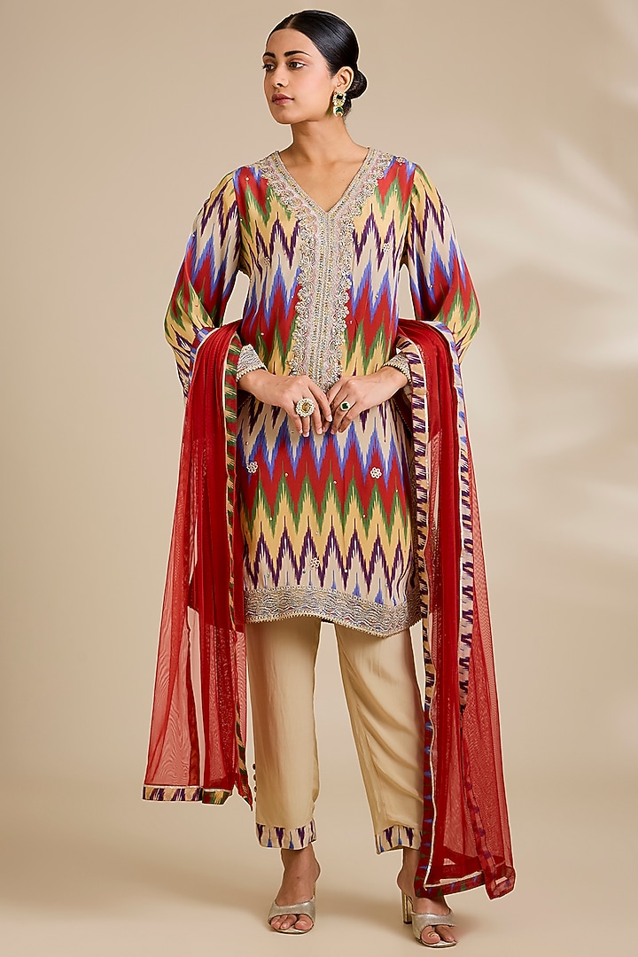 Multi-Colored Organza Ikat Printed & Dori Embroidered Short Kurta Set by Kisneel by Pam at Pernia's Pop Up Shop