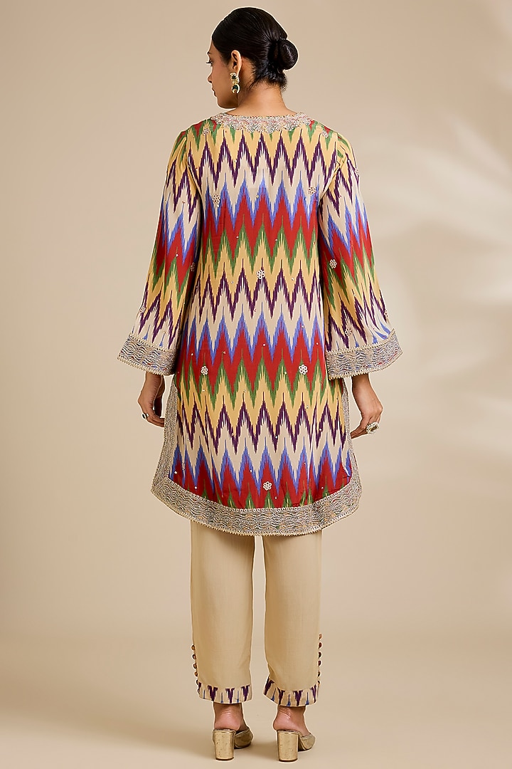 Multi-Colored Organza Ikat Printed & Dori Embroidered Short Kurta Set by Kisneel by Pam at Pernia's Pop Up Shop