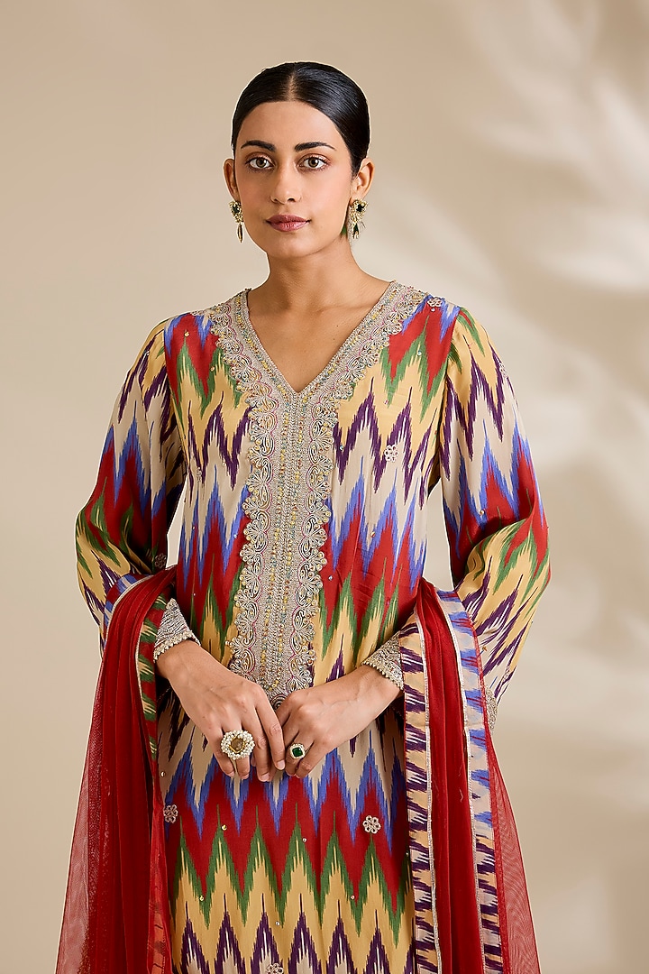Multi-Colored Organza Ikat Printed & Dori Embroidered Short Kurta Set by Kisneel by Pam at Pernia's Pop Up Shop