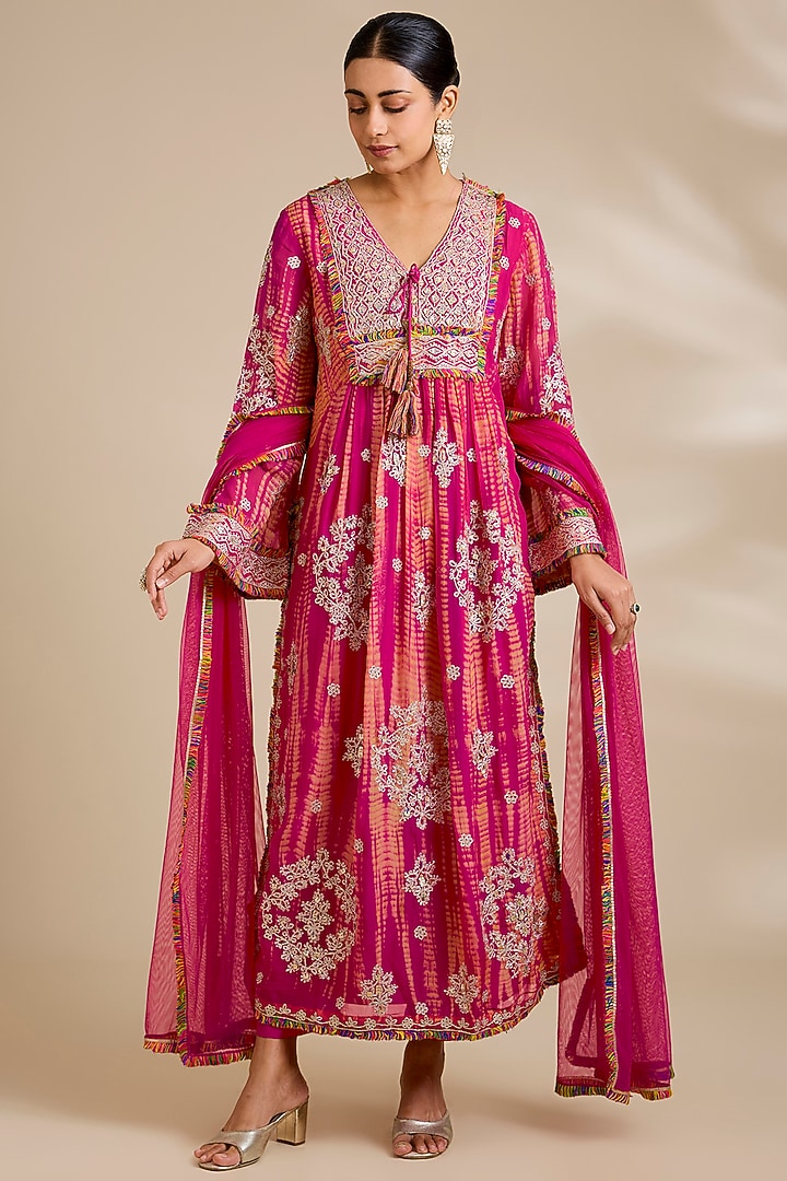 Fuchsia Viscose Organza Kurta Set by Kisneel by Pam at Pernia's Pop Up Shop