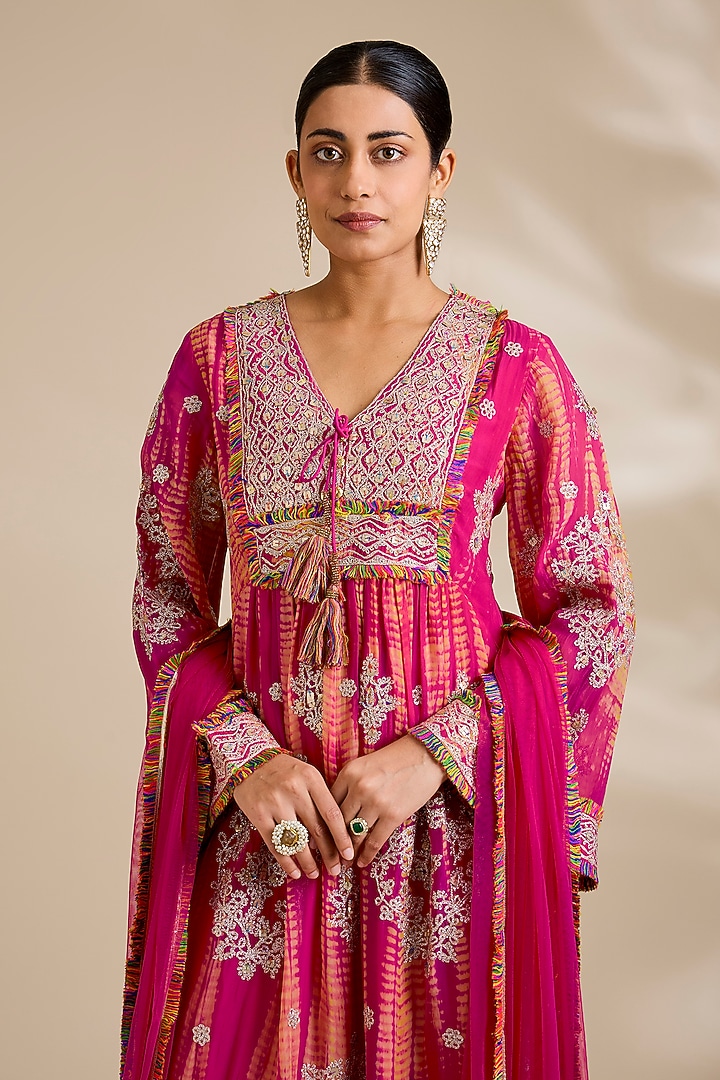 Fuchsia Viscose Organza Kurta Set by Kisneel by Pam at Pernia's Pop Up Shop