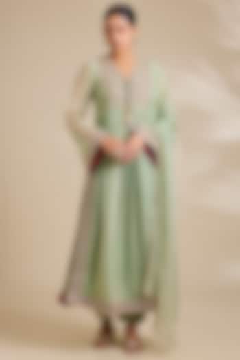 Sea Green Chiffon Foil Printed Kurta Set by Kisneel by Pam at Pernia's Pop Up Shop