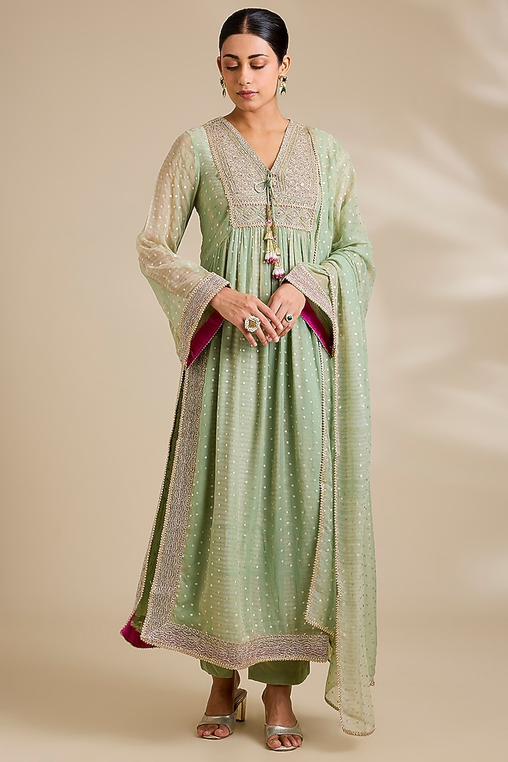 Sea Green Chiffon Foil Printed Kurta Set by Kisneel by Pam at Pernia's Pop Up Shop