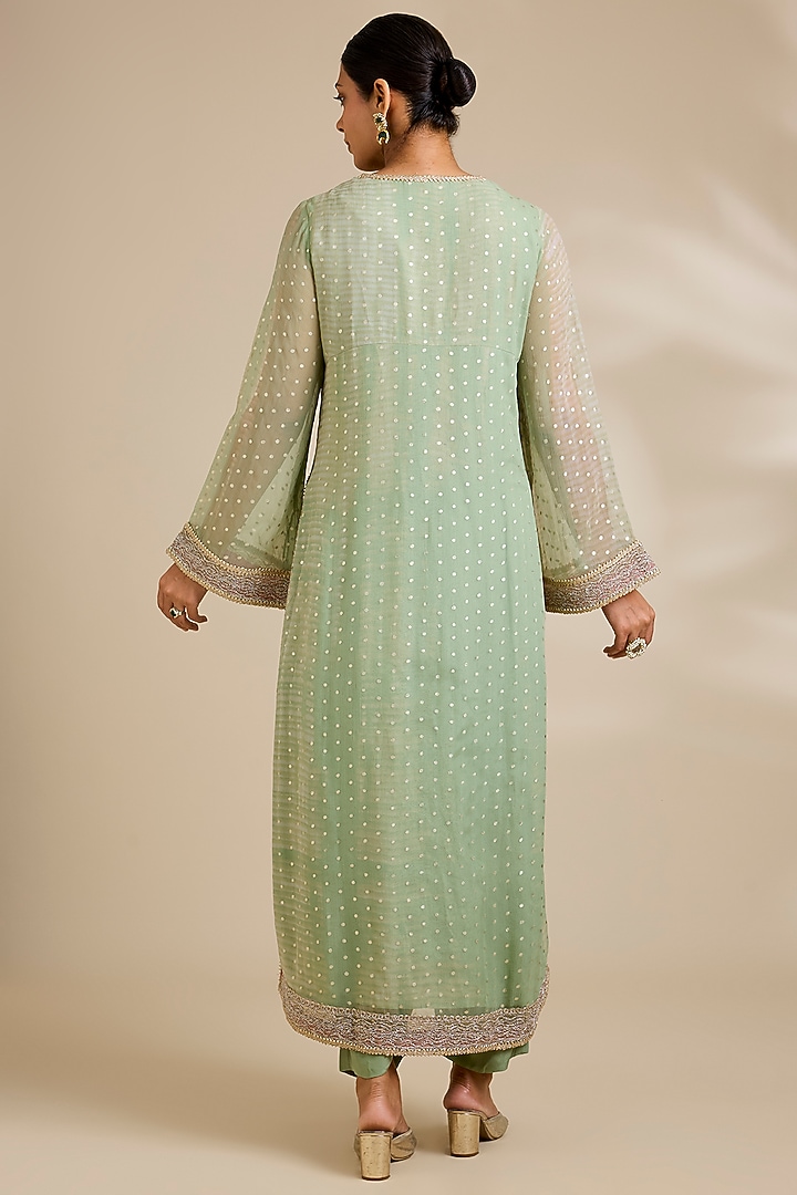 Sea Green Chiffon Foil Printed Kurta Set by Kisneel by Pam at Pernia's Pop Up Shop