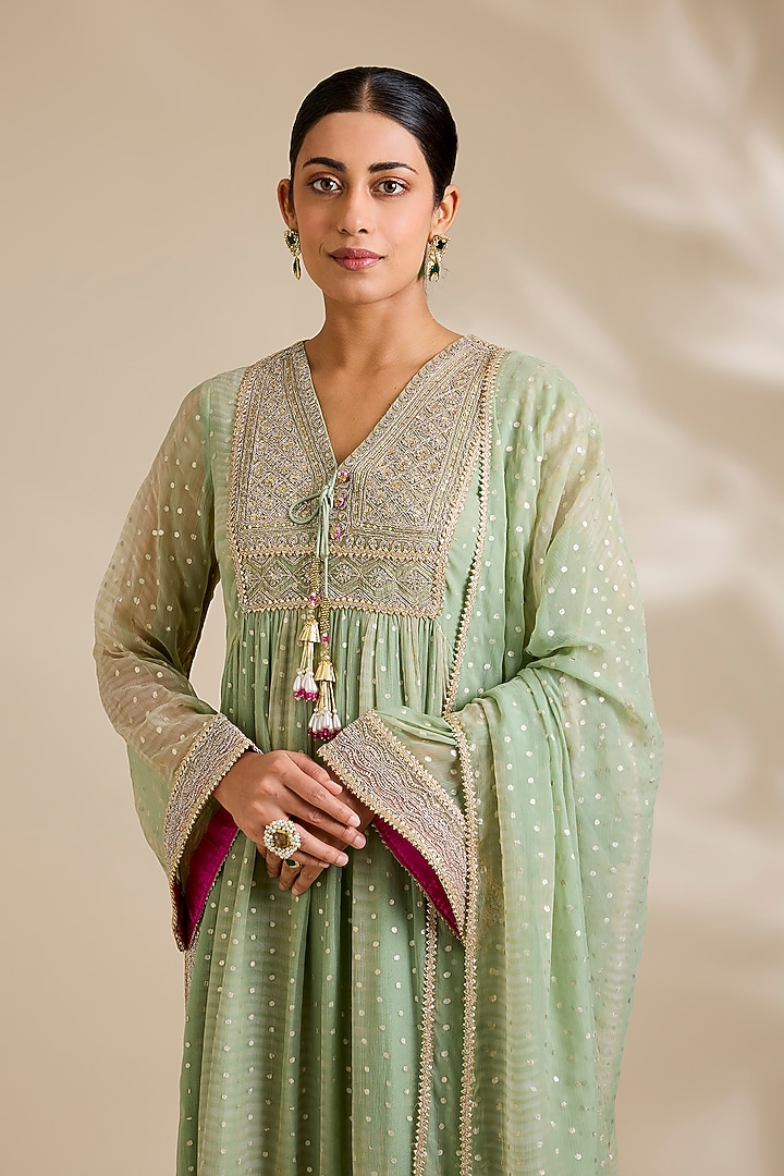 Sea Green Chiffon Foil Printed Kurta Set by Kisneel by Pam at Pernia's Pop Up Shop