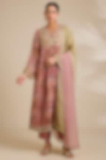 Pink Organza Sequin Embroidered & Marble Printed Kurta Set by Kisneel by Pam at Pernia's Pop Up Shop