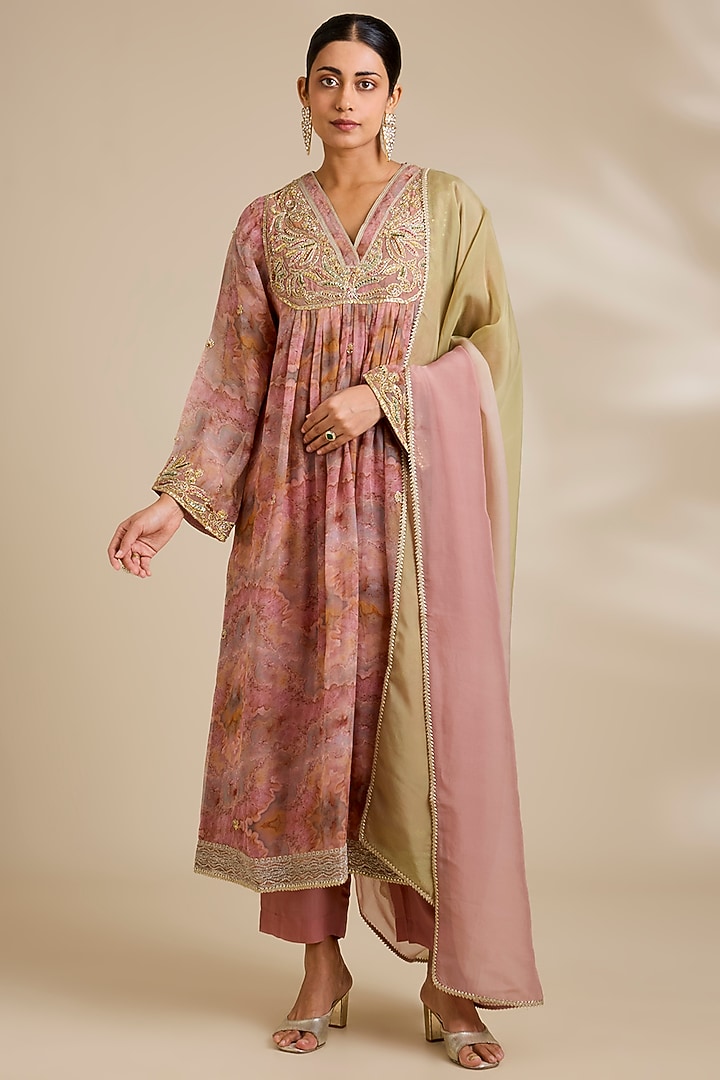 Pink Organza Sequin Embroidered & Marble Printed Kurta Set by Kisneel by Pam at Pernia's Pop Up Shop