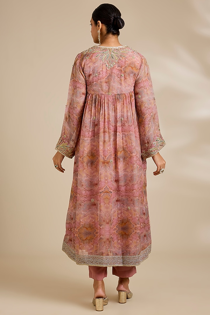 Pink Organza Sequin Embroidered & Marble Printed Kurta Set by Kisneel by Pam at Pernia's Pop Up Shop