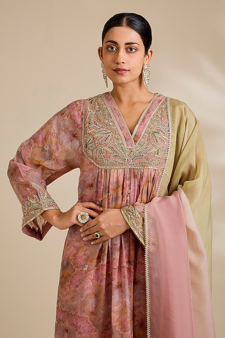 Pink Organza Sequin Embroidered & Marble Printed Kurta Set by Kisneel by Pam at Pernia's Pop Up Shop