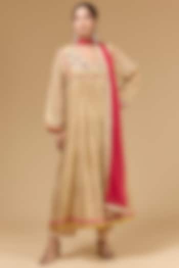 Beige Chiffon Hand Embroidered & Foil Printed Wedding Anarkali Set by Kisneel by Pam at Pernia's Pop Up Shop