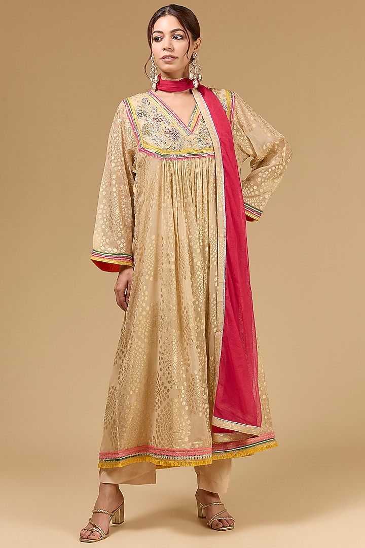 Beige Chiffon Hand Embroidered & Foil Printed Wedding Anarkali Set by Kisneel by Pam at Pernia's Pop Up Shop