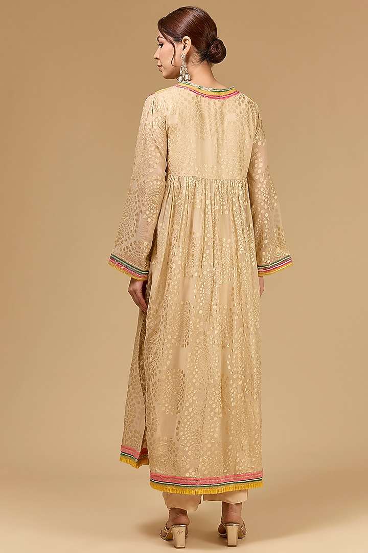Beige Chiffon Hand Embroidered & Foil Printed Wedding Anarkali Set by Kisneel by Pam at Pernia's Pop Up Shop