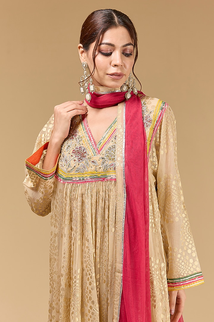 Beige Chiffon Hand Embroidered & Foil Printed Wedding Anarkali Set by Kisneel by Pam at Pernia's Pop Up Shop