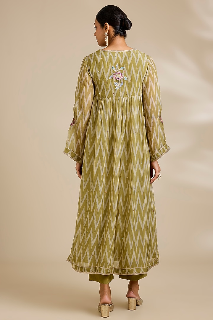 Green Organza Printed Wedding Anarkali Set by Kisneel by Pam at Pernia's Pop Up Shop