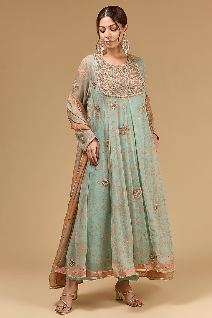 Aqua Blue Chiffon Dori Embroidered & Digital Printed Kalamkari Wedding Anarkali Set by Kisneel by Pam at Pernia's Pop Up Shop