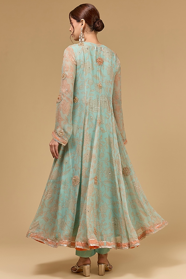 Aqua Blue Chiffon Dori Embroidered & Digital Printed Kalamkari Wedding Anarkali Set by Kisneel by Pam at Pernia's Pop Up Shop
