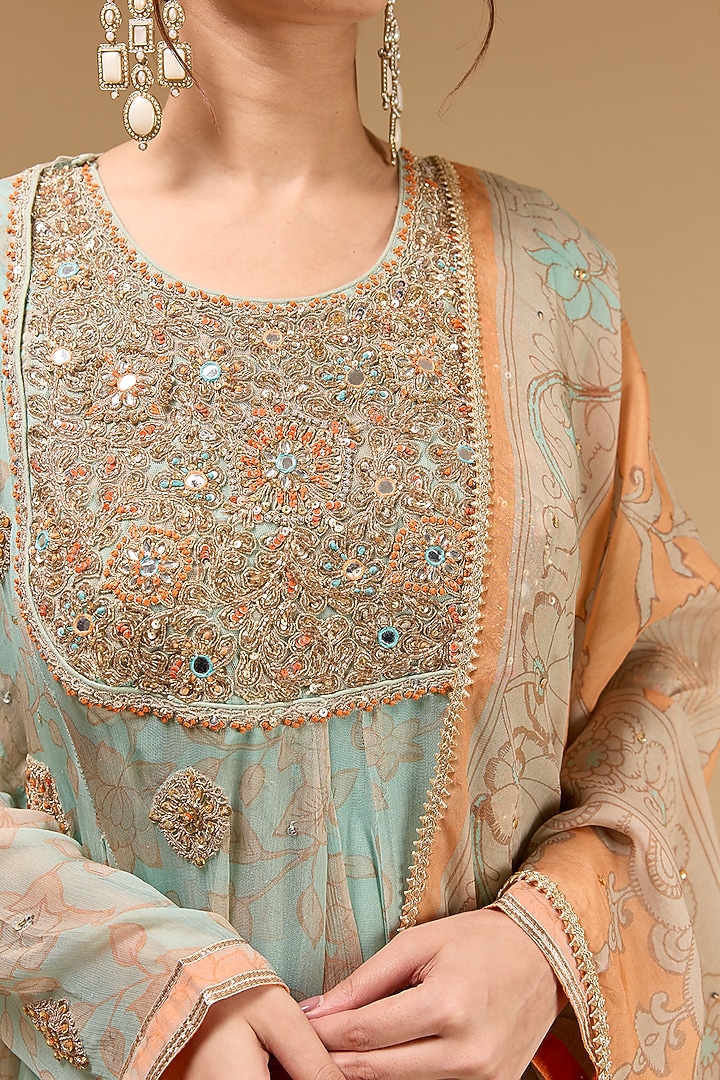 Aqua Blue Chiffon Dori Embroidered & Digital Printed Kalamkari Wedding Anarkali Set by Kisneel by Pam at Pernia's Pop Up Shop