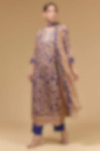 Blue Crepe Aari Embroidered & Digital Printed Kalamkari Kurta Set by Kisneel by Pam at Pernia's Pop Up Shop