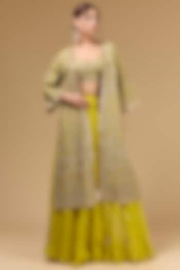 Lime Green Organza Aari Work Jacket Wedding Lehenga Set by Kisneel by Pam at Pernia's Pop Up Shop