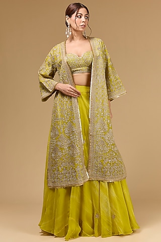 Lime Green Organza Aari Work Jacket Lehenga Set by Kisneel by Pam