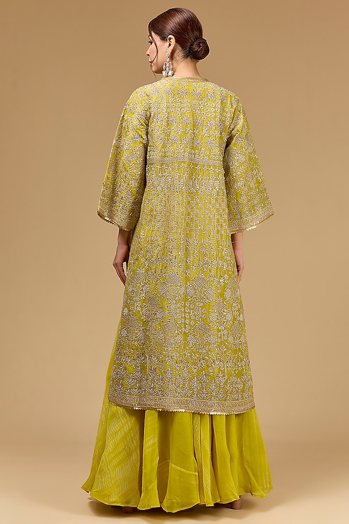 Lime Green Organza Aari Work Jacket Wedding Lehenga Set by Kisneel by Pam at Pernia's Pop Up Shop