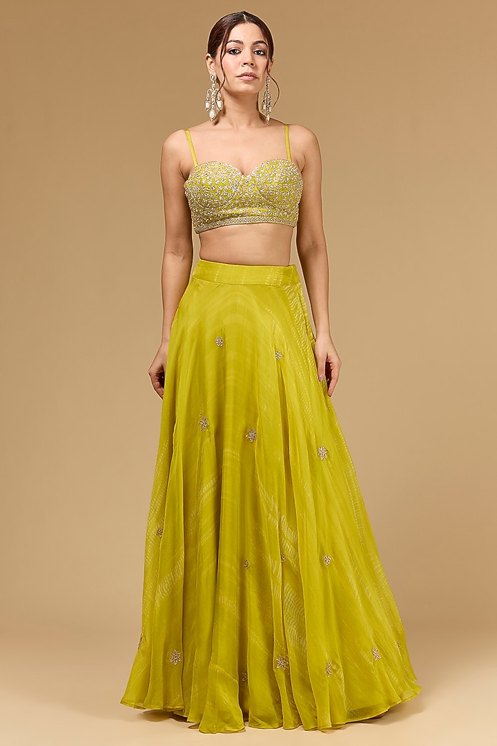 Lime Green Organza Aari Work Jacket Wedding Lehenga Set by Kisneel by Pam at Pernia's Pop Up Shop