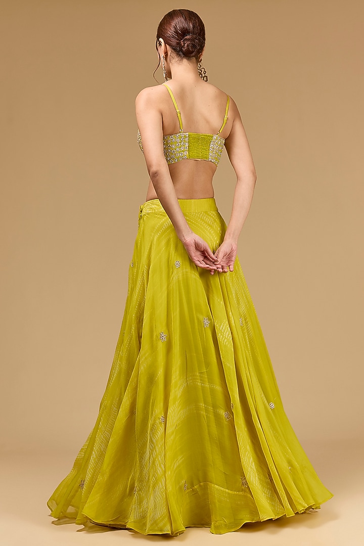 Lime Green Organza Aari Work Jacket Wedding Lehenga Set by Kisneel by Pam at Pernia's Pop Up Shop