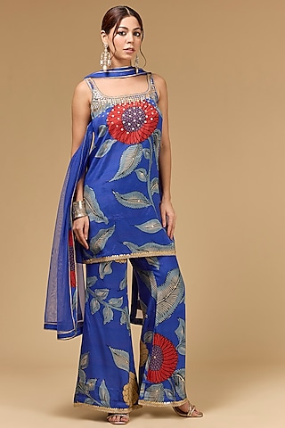 Blue Viscose & Silk Aari Work Kurta Set by Kisneel by Pam