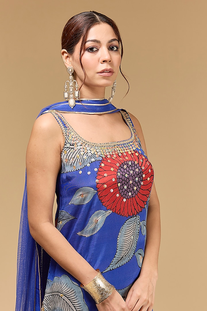 Blue Viscose & Silk Aari Work Kurta Set by Kisneel by Pam at Pernia's Pop Up Shop