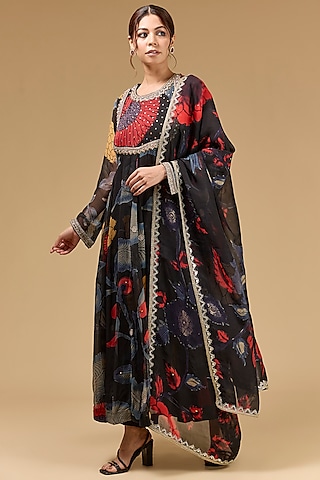 Black Chiffon Dori Embroidered & Digital Printed Anarkali Set by Kisneel by Pam