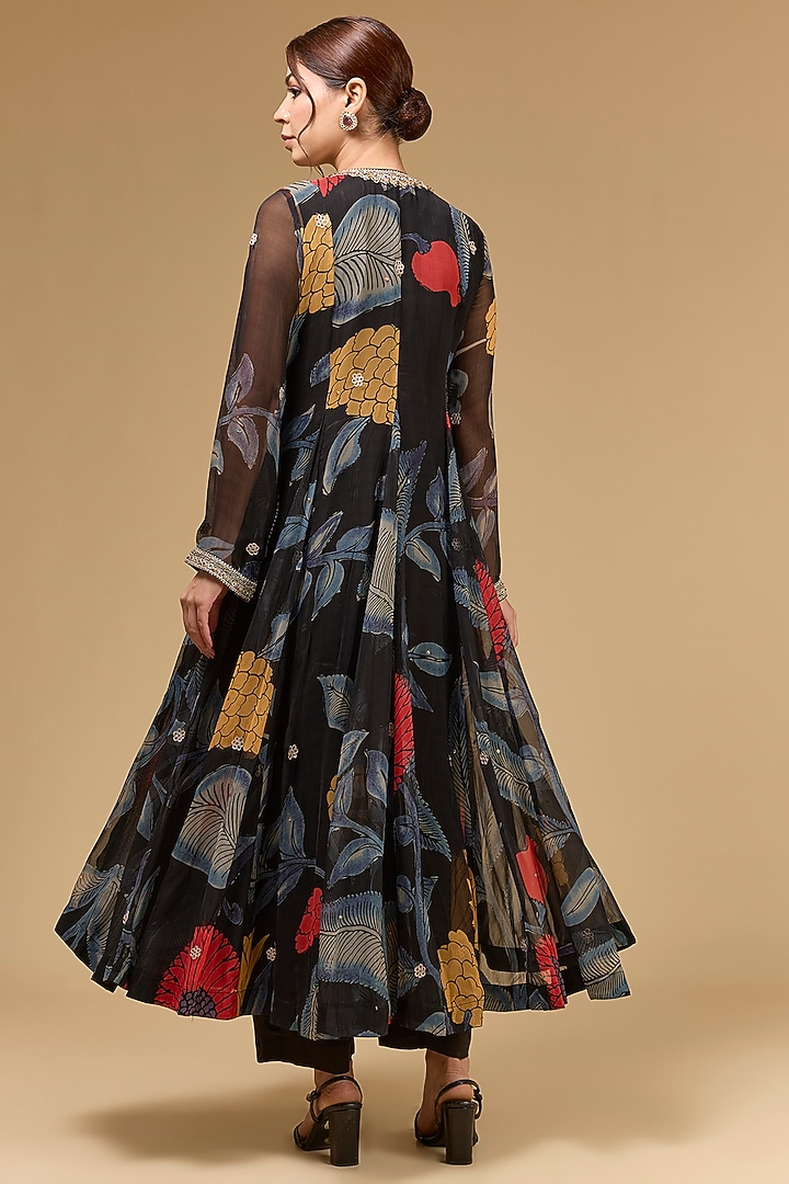 Black Chiffon Dori Embroidered & Digital Printed Wedding Anarkali Set by Kisneel by Pam at Pernia's Pop Up Shop