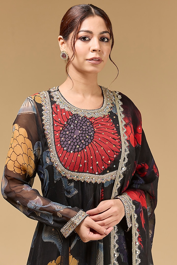 Black Chiffon Dori Embroidered & Digital Printed Wedding Anarkali Set by Kisneel by Pam at Pernia's Pop Up Shop