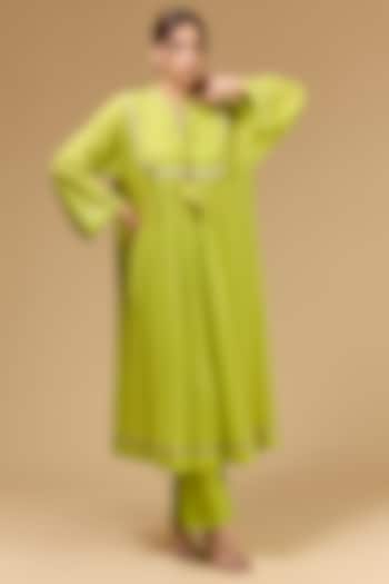 Lemon Cotton Gauze Aari Embroidered & Foil Printed Party Wear Anarkali Set by Kisneel by Pam at Pernia's Pop Up Shop