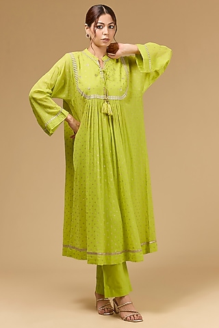 Lemon Cotton Gauze Aari Embroidered & Foil Printed Anarkali Set by Kisneel by Pam