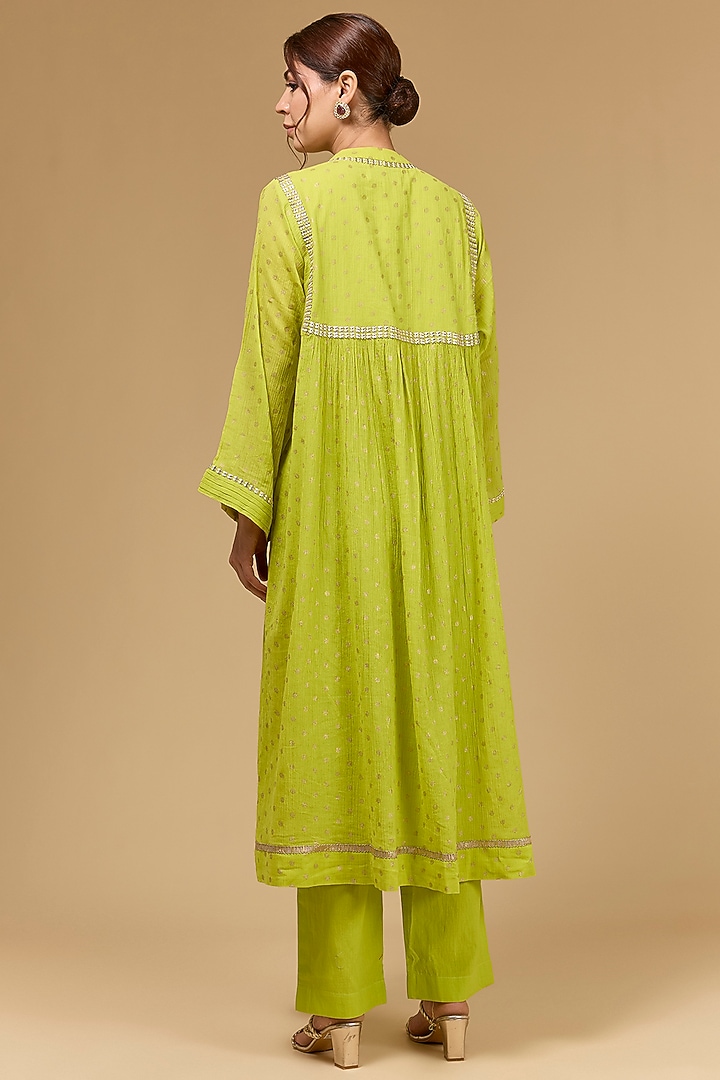 Lemon Cotton Gauze Aari Embroidered & Foil Printed Party Wear Anarkali Set by Kisneel by Pam at Pernia's Pop Up Shop
